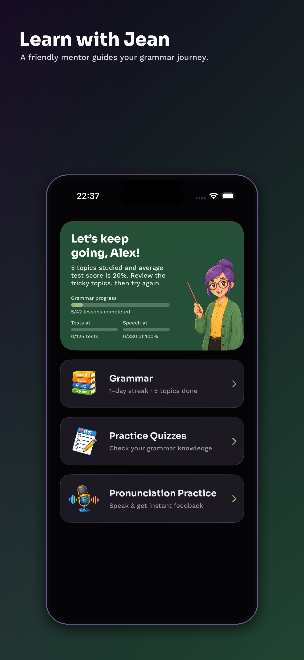 GinUp English home screen with Jean mentor